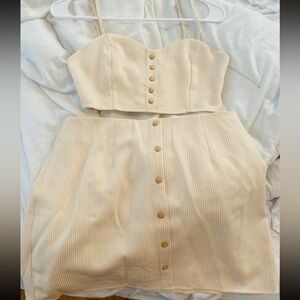 Yellow and white pin stripe two piece. Top and skirt.